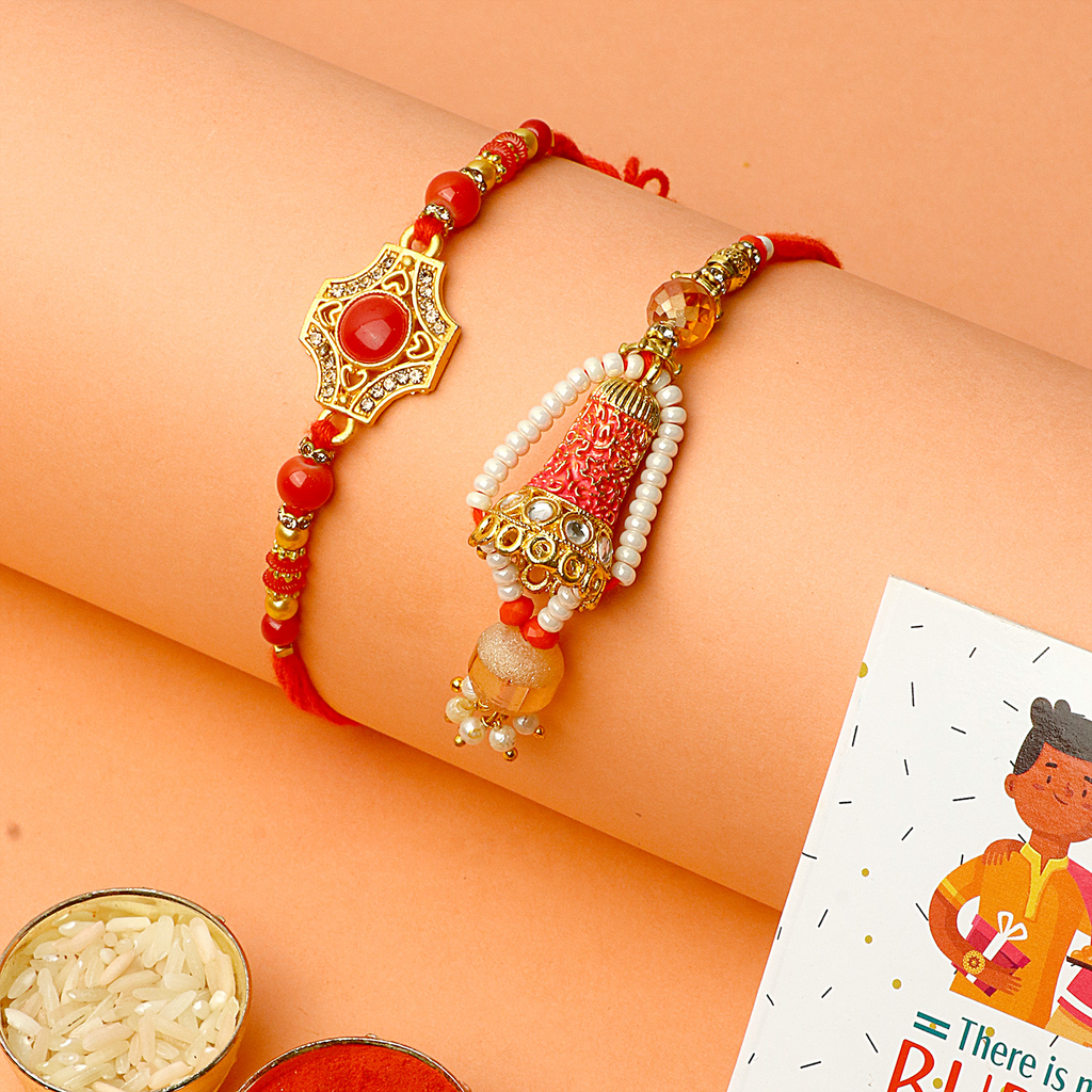 Bhaiya Bhabhi Rakhi Set, "Online Rakhi: Couple Rakhi and Bhaiya Bhabhi Rakhi set. Vibrant threads, intricate design, perfect for Raksha Bandhan. Send Rakhi to India."