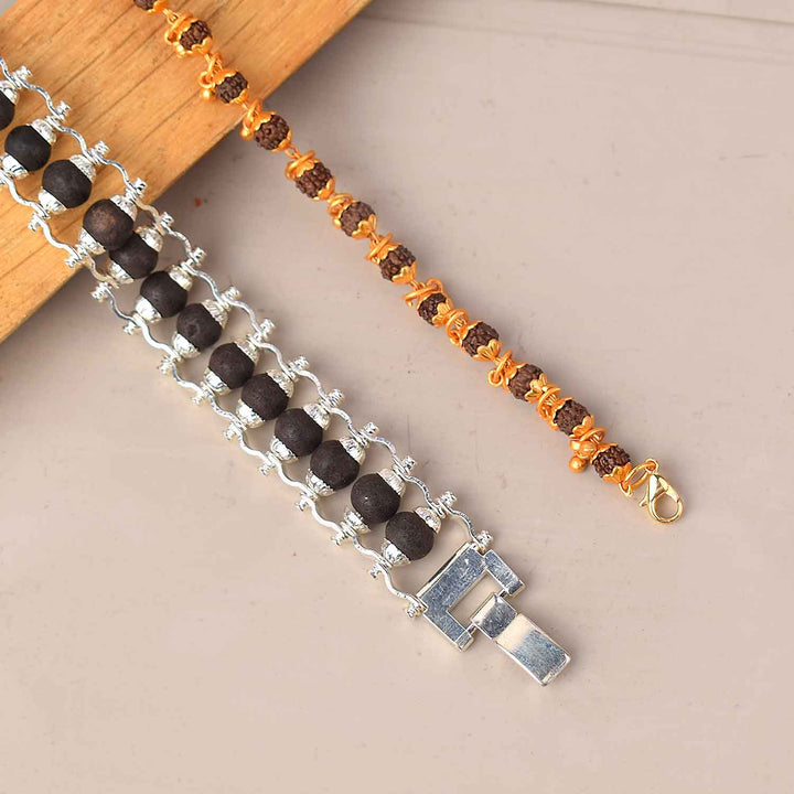 Combo of Silver Plated Karungali Bracelet & Gold Plated Rudraksha Bracelet with Premium PVD Coating – Sacred Spiritual Jewelry. India’s Largest Pooja Accessories Brand - www.satvikstore.in 