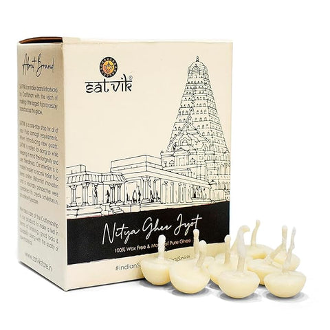 Bulk Pack of 100 Pure Ghee Diya Wicks (Wax Free), perfect for temples, festivals, and daily pooja. Handmade and eco-friendly for a pure, sacred glow. India’s Largest Pooja Accessories Brand – www.satvikstore.in