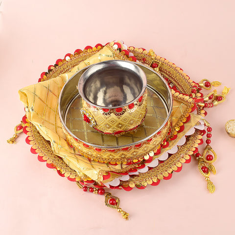 11 Pc Golden and Red Embroidery Karwa Chauth Thali Set with Channi, Kalash, Thali Cover and Complete Puja Accessories. India’s Largest Pooja Accessories Brand - www.satvikstore.in