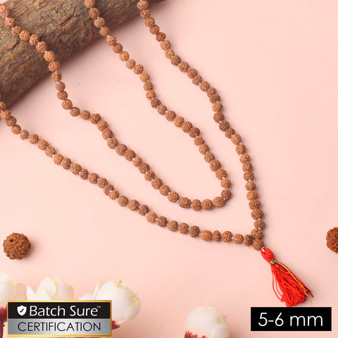 5-6mm Rudraksha Mala with fine hand-knotted beads for daily Jaap, meditation, and spiritual chanting. India’s Premium Jap Mala Store - www.satvikstore.in