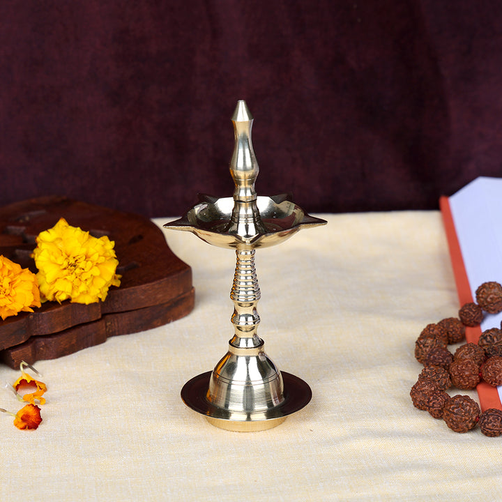 6 Inch Beautiful Brass Kerala Inauguration Diya Deepam for pooja and home décor. India’s Largest Pooja Accessories Brand – www.satvikstore.in
