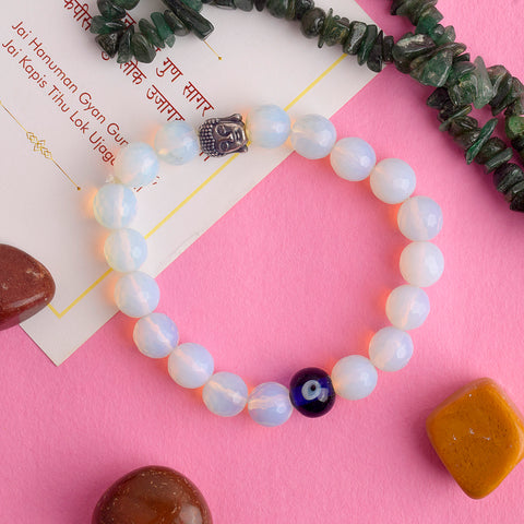 Authentic Buddha Opalite Bracelet with Evil Eye for Spiritual Calm and Protection. India’s Largest Pooja Accessories Brand – www.satvikstore.in
