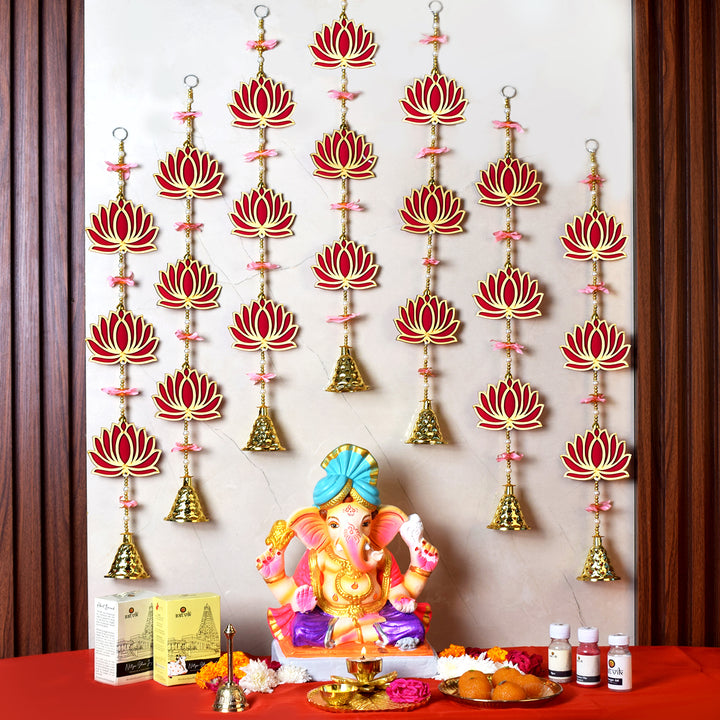 Beautiful 3 Tier Lotus Backdrop (Latkan) – Pack of 10 vibrant hanging decorations featuring tiered lotus designs, ideal for festive, wedding, and pooja decor. India’s Largest Pooja Accessories Brand – www.satvikstore.in