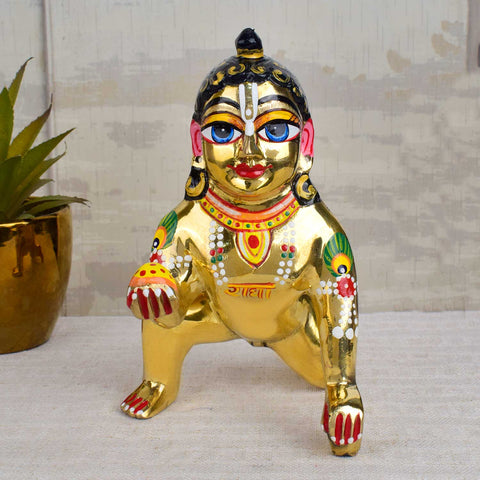 Brass Bal Gopal Idol (Size 9) depicting Laddu Gopal in a playful pose for home temple worship. India’s Largest Pooja Accessories Brand - www.satvikstore.in
