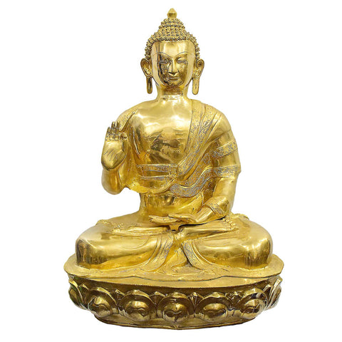 47 Inch Exquisite Brass Buddha Statue in Abhaya Mudra on Lotus Seat – Symbol of Protection, Peace, and Spiritual Strength for Temples or Home Decor. India's Largest Puja Accessories Brand - Satvik No. 1 Brass Idol Collection 

