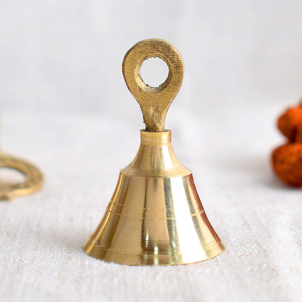 Brass Sacred Echoes Pooja Bell (Size-2) featuring a compact, traditional design ideal for daily spiritual rituals and temple use. India’s Largest Pooja Accessories Brand – www.satvikstore.in