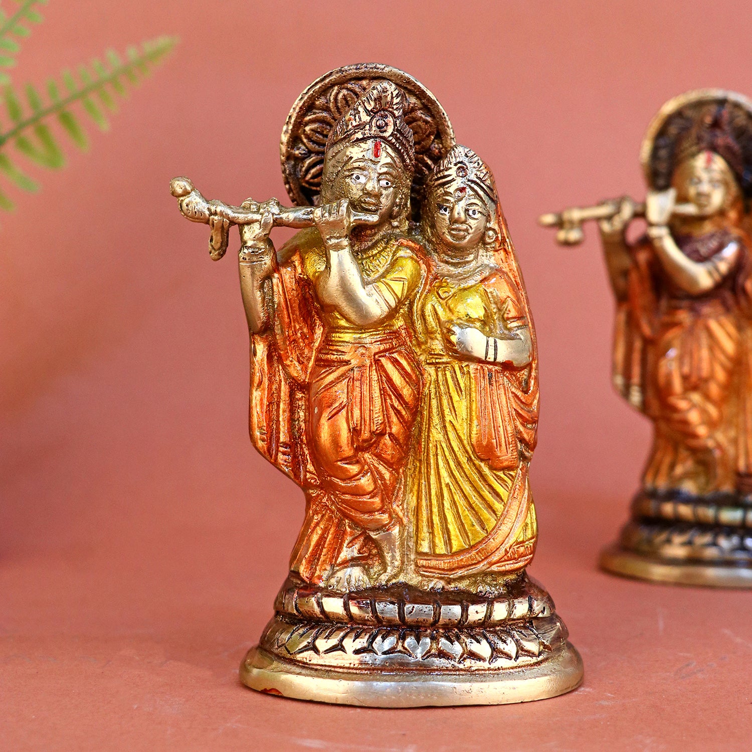 2.3 Inch Brass Small Radha Krishna Idol with fine detailing and antique finish, perfect for home temple, devotional décor, and spiritual gifting  No.1 Brass Idol Store www.satvikstore.in No.1 Brass Idol Store www.satvikstore.in 