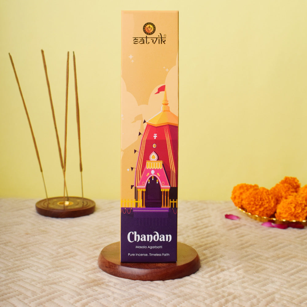 Chandan Pure Masala Incense Sticks box for pooja, meditation, and spiritual fragrance.India’s Largest Pooja Accessories Brand - www.satvikstore.in