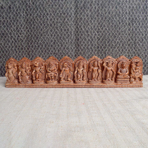 Handcrafted wooden Dasavatharam wall decor featuring the ten avatars of Lord Vishnu, intricately carved and painted, ideal for spiritual and aesthetic home decoration. India’s Largest Pooja Accessories Brand - www.satvikstore.in
