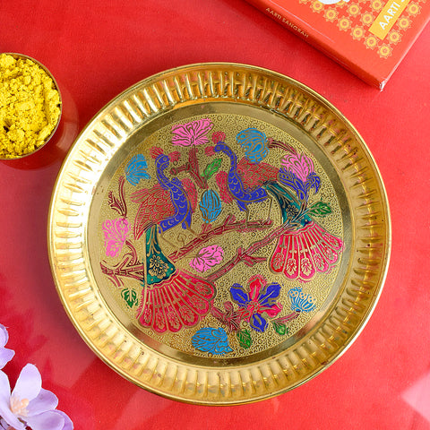 Shop elegant Decorative Brass Peacock Thali with intricate design, ideal for pooja rituals, festive décor, and spiritual gifting. A perfect addition to your temple or home mandir | Satvikstore.in