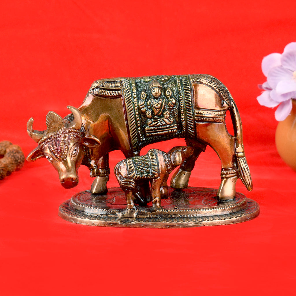 3.1 Inch Divine Brass Kamdhenu Cow with Calf Idol – Handcrafted Sacred Statue Symbolizing Prosperity, Wealth, and Spiritual Blessings for Home and Temple. No.1 Brass Idol Store www.satvikstore.in 