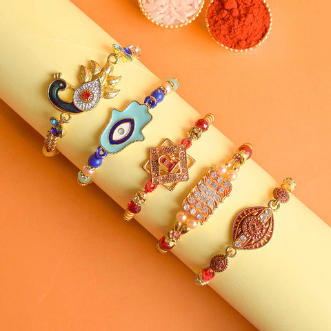 Set of 5 Designer Rakhi Threads with Roli Chawal and Ram Sita Stickers for Raksha Bandhan Celebration. India’s Largest Pooja Accessories Brand - www.satvikstore.in