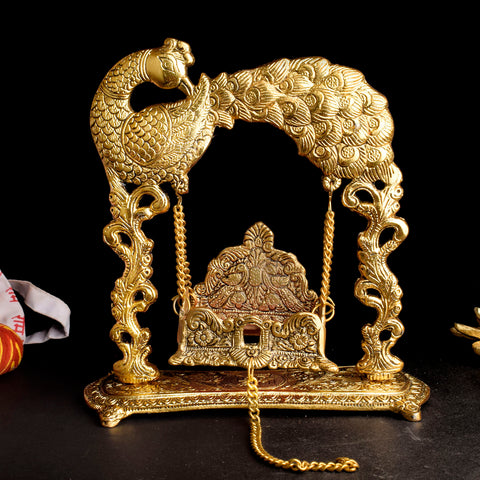 Graceful metal Laddu Gopal Jhula with intricate design, ideal for Janmashtami celebrations and pooja decor. India’s Largest Pooja Accessories Brand – www.satvikstore.in