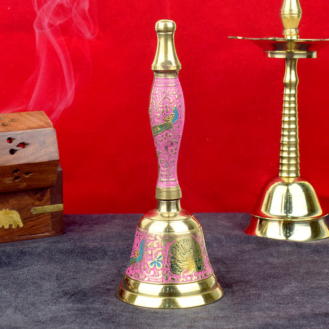 Handcrafted brass puja bell with elegant pink handle, designed for daily rituals and devotional ceremonies, adds charm to your prayer space. India’s Largest Pooja Accessories Brand – www.satvikstore.in
