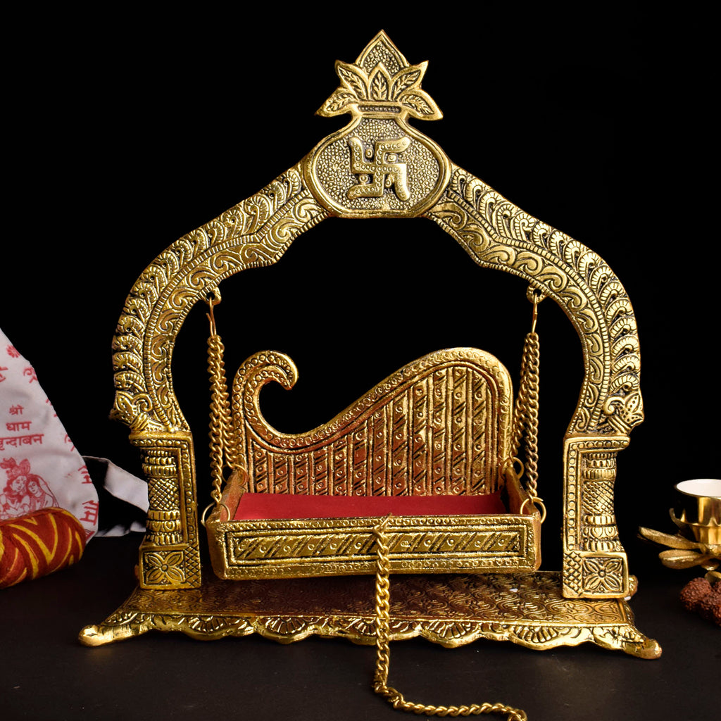 Handcrafted traditional metal Jhula for Laddu Gopal with ornate detailing, perfect for Janmashtami celebrations and home temple decor. India’s Largest Pooja Accessories Brand – www.satvikstore.in