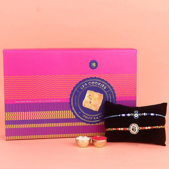 Image of a beautifully designed Rakhi with sweets, the perfect combination of tradition and sweetness for Raksha Bandhan celebration. Shop now at SatvikStore.in. #Rakhi #RakhiOnline #SendRakhi #DesignerRakhi #BeautifulRakhi #LatestRakhi #NewRakhi #ModernRakhi"