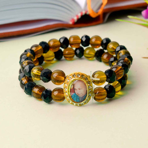 Jai Guruji Swaroop Bracelet with black and brown spiritual beads, handcrafted for divine grace and daily spiritual wear. India’s Largest Pooja Accessories Brand – www.satvikstore.in