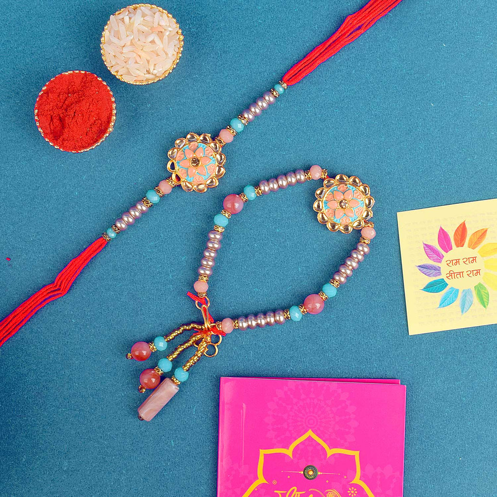 Designer Couple Rakhi Set for Bhaiya and Bhabhi with Roli Chawal and Ram Sita Stickers – Raksha Bandhan Gift Combo. India’s Largest Brass Idols Brand - www.satvikstore.in