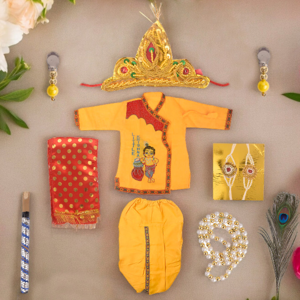 Kids' Krishna outfit featuring a yellow kurta and white dhoti, paired with traditional jewelry and shringar set, perfect for Janmashtami celebrations and festive occasions. India’s Largest Pooja Accessories Brand – www.satvikstore.in