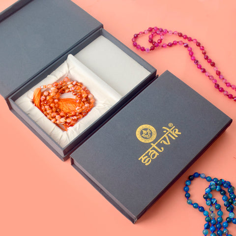 Premium Hakik Jap Mala with Orange Carnelian Beads – A Spiritual Meditation Mala for Confidence, Creativity, and Energy Boost. India’s Premium Hakik Jap Mala Store - www.satvikstore.in
