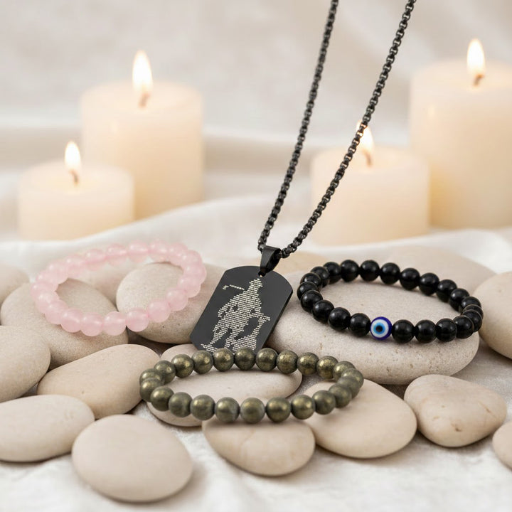 raw pyrite bracelet rose quartz bracelet black obsidian evil eye bracelet hanuman chalisa pendant protection love combo. India’s Largest Puja Accessories Brand- www.satvikstore.in