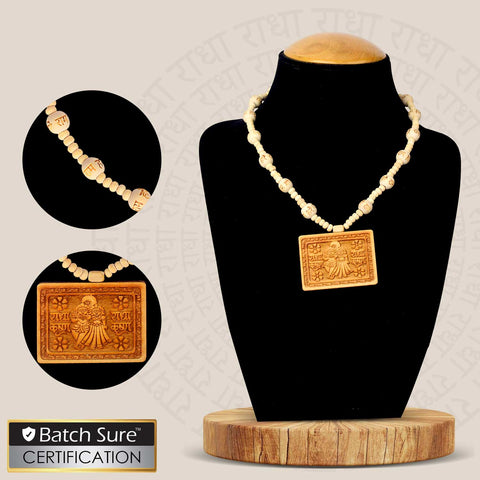 Wooden Mala with Radha Krishna Locket – devotional necklace with natural beads for chanting and spiritual connection. India’s Largest Brass Idols Brand - www.satvikstore.in