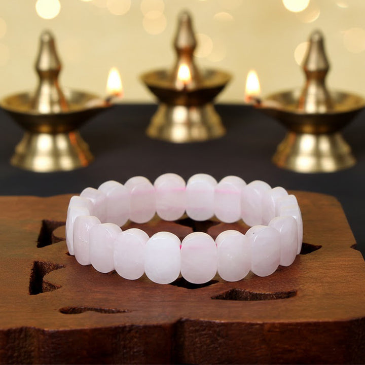 Rose quartz flat-beaded healing stone bracelet with soft pink 8mm beads. India’s Largest Pooja Accessories Brand - www.satvikstore.in