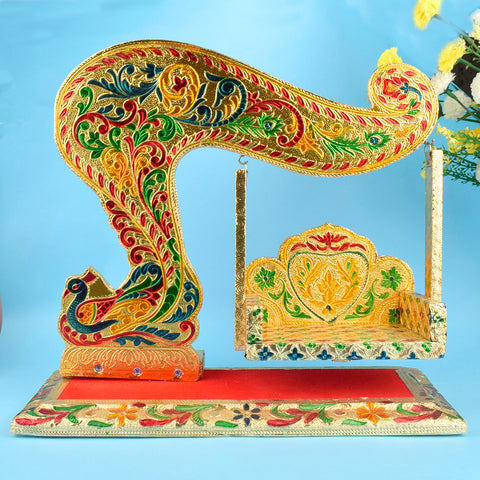Royal Rajwadi Meenakari Laddu Gopal Jhula with intricate colorful detailing, ideal for Krishna idol decoration and Janmashtami celebrations. India’s Largest Pooja Accessories Brand – www.satvikstore.in