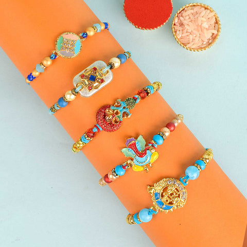 Set of 5 Designer Rakhi Threads with Roli Chawal and Ram Sita Stickers for Raksha Bandhan Celebration. India’s Largest Pooja Accessories Brand - www.satvikstore.in
