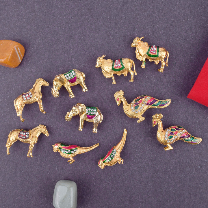 Set of 5 miniature animal toys for Laddu Gopal, perfect for Krishna decoration, Janmashtami celebrations, and divine pooja setup. India’s Largest Pooja Accessories Brand – www.satvikstore.in
