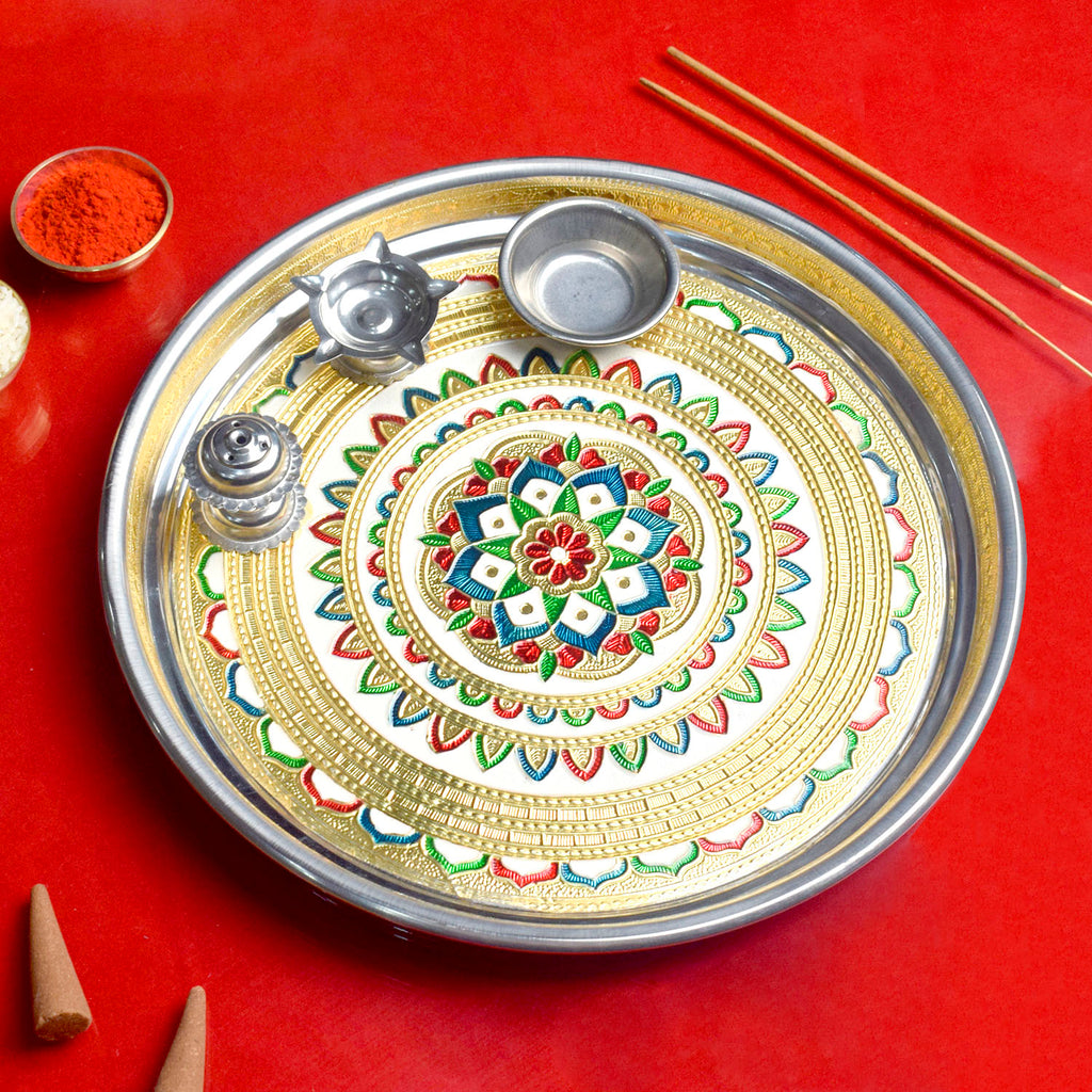 Stainless Serenity printed pooja aarti thali set with spiritual motifs, featuring stainless steel plate and accessories for traditional rituals and daily pooja ceremonies India’s Largest Pooja Accessories Brand – www.satvikstore.in
