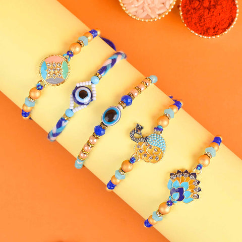 Set of 5 Designer Rakhi Threads with Roli Chawal and Ram Sita Stickers for Raksha Bandhan Celebration. India’s Largest Pooja Accessories Brand - www.satvikstore.in
