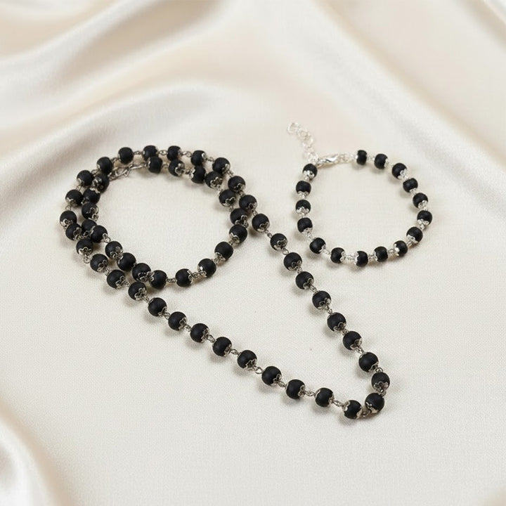 Valentine gift for couples featuring a certified Karungali mala and matching bracelet with silver capping, symbolizing love, protection, and spiritual bonding. India’s Premium Jap Mala Store - www.satvikstore.in