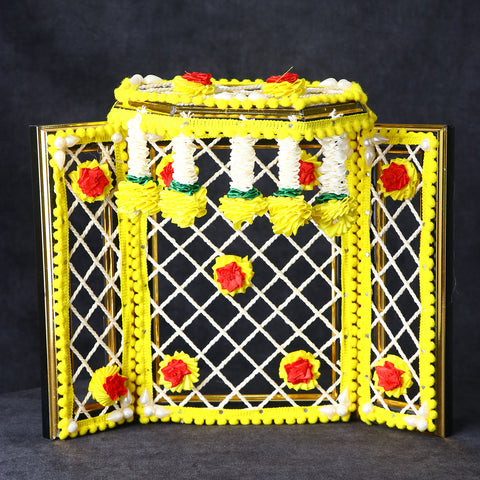 8 Inch Yellow Magnificent Ganesha Phool Bangla adorned with vibrant floral design, ideal for Ganpati home decor and festive mandap setup. India’s Largest Pooja Accessories Brand – www.satvikstore.in