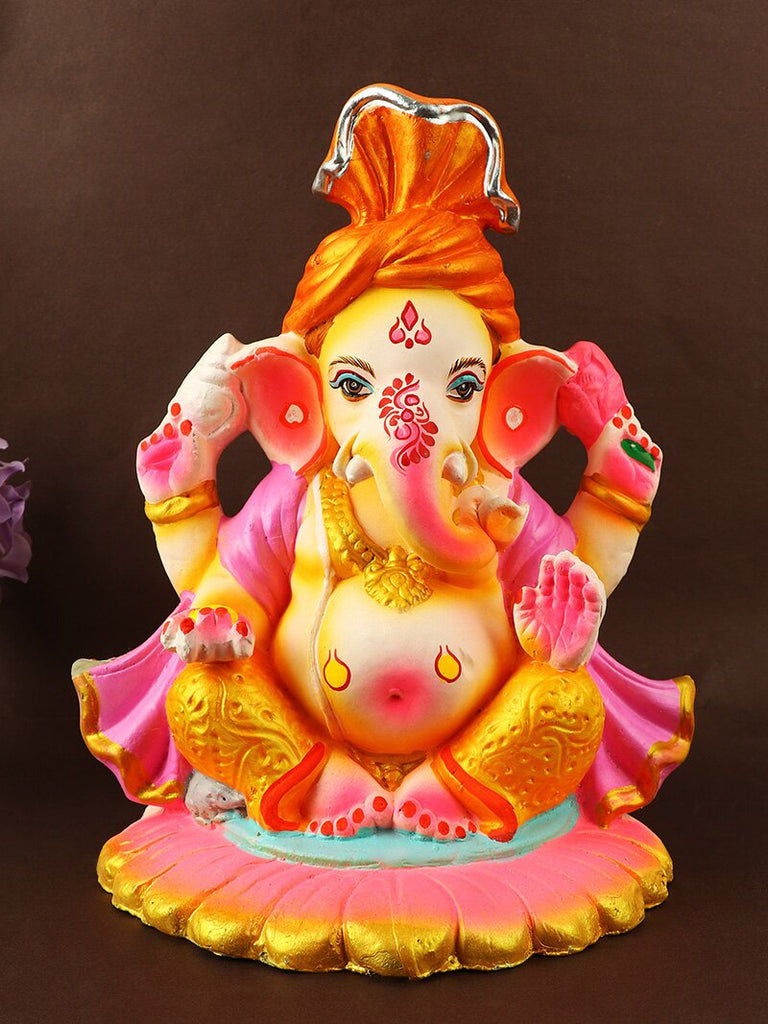 11.4-inch eco-friendly Lambodara Ganesha idol crafted from natural clay, seated gracefully with intricate detailing and serene expression. India’s Largest Pooja Accessories Brand – www.satvikstore.in