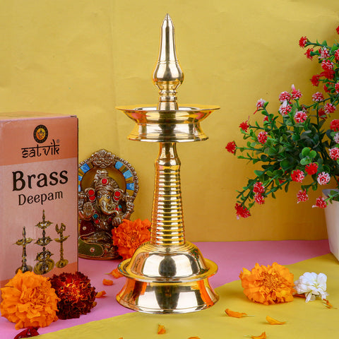 11 Inch Small Brass Kerala Diya – AKP NilaVilakku Deepam – Traditional handcrafted brass pooja lamp for spiritual rituals and home décor. India’s Largest Pooja Accessories Brand – www.satvikstore.in