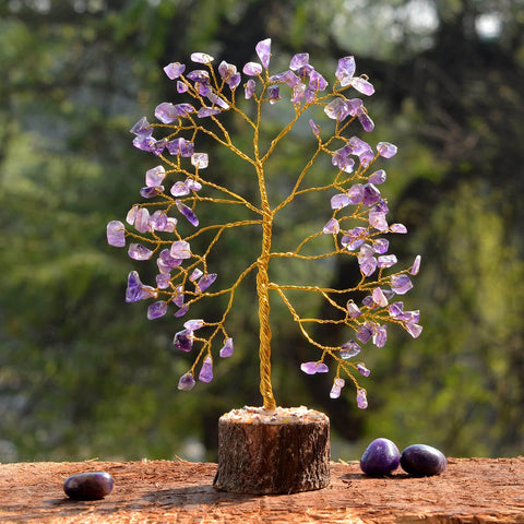 Amethyst Crystal Tree with 100 polished purple amethyst beads arranged on a wire base, representing peace, healing energy, and spiritual growth. India’s Largest Pooja Accessories Brand – www.satvikstore.in 