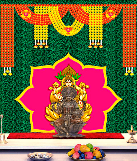 Printed backdrop cloth featuring Goddess Laxmi seated on a vibrant green banana leaf design, perfect for Diwali, Lakshmi puja, and festive home decor. India’s Largest Pooja Accessories Brand – www.satvikstore.in