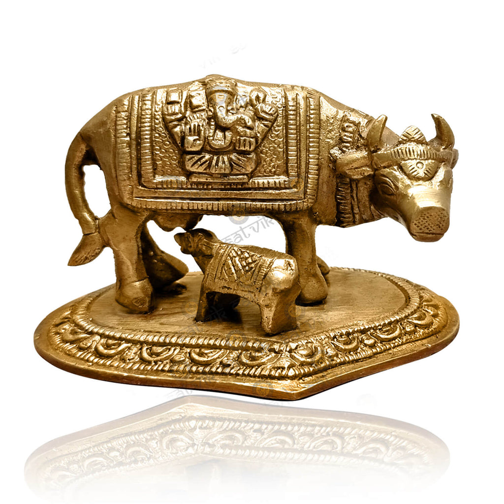 Brass Kamdhenu Cow with Calf Idol (Small) Puja Store Online Pooja Items Online Puja Samagri Pooja Store near me www.satvikstore.in