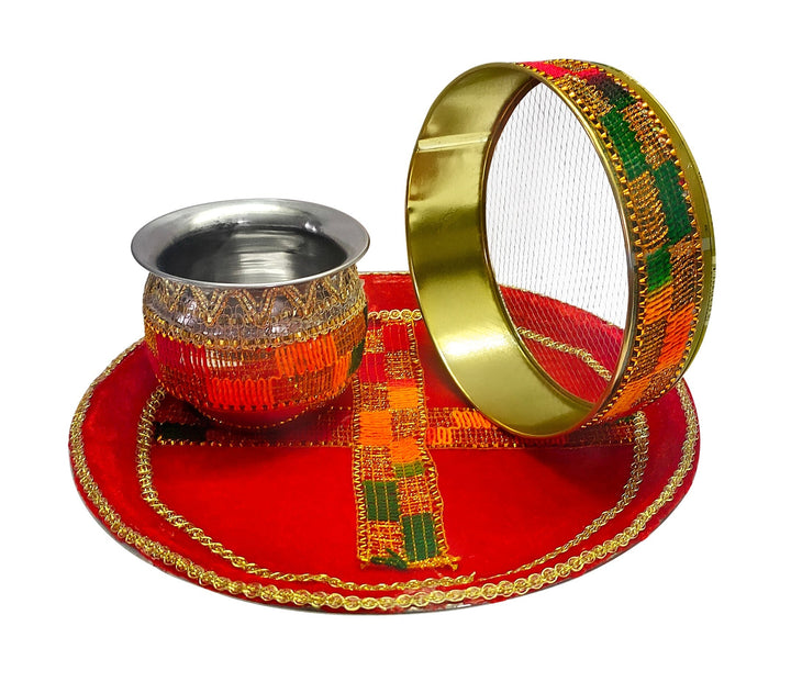 Karwachauth Thali Set with Calender (4 Pc) Puja Store Online Pooja Items Online Puja Samagri Pooja Store near me www.satvikstore.in